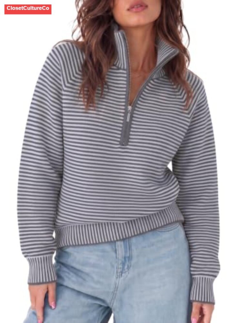Womens Quarter Zip Sweater Oversized Knit Pullover Top Stand Collar